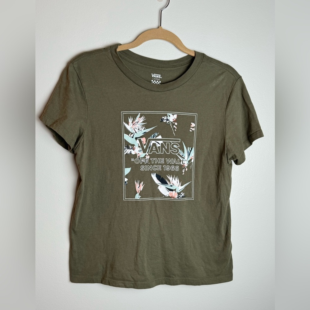 Vans Cropped Crew Neck Short Sleeve Floral Graphic T-Shirt Women’s Size L Green